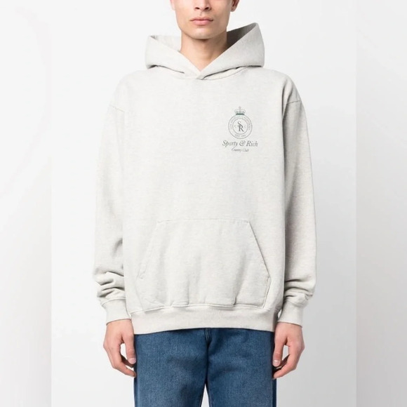 NWOT SPORTY & RICH Gray/Green Crown Cotton Blend Hoodie Large - Picture 2 of 16